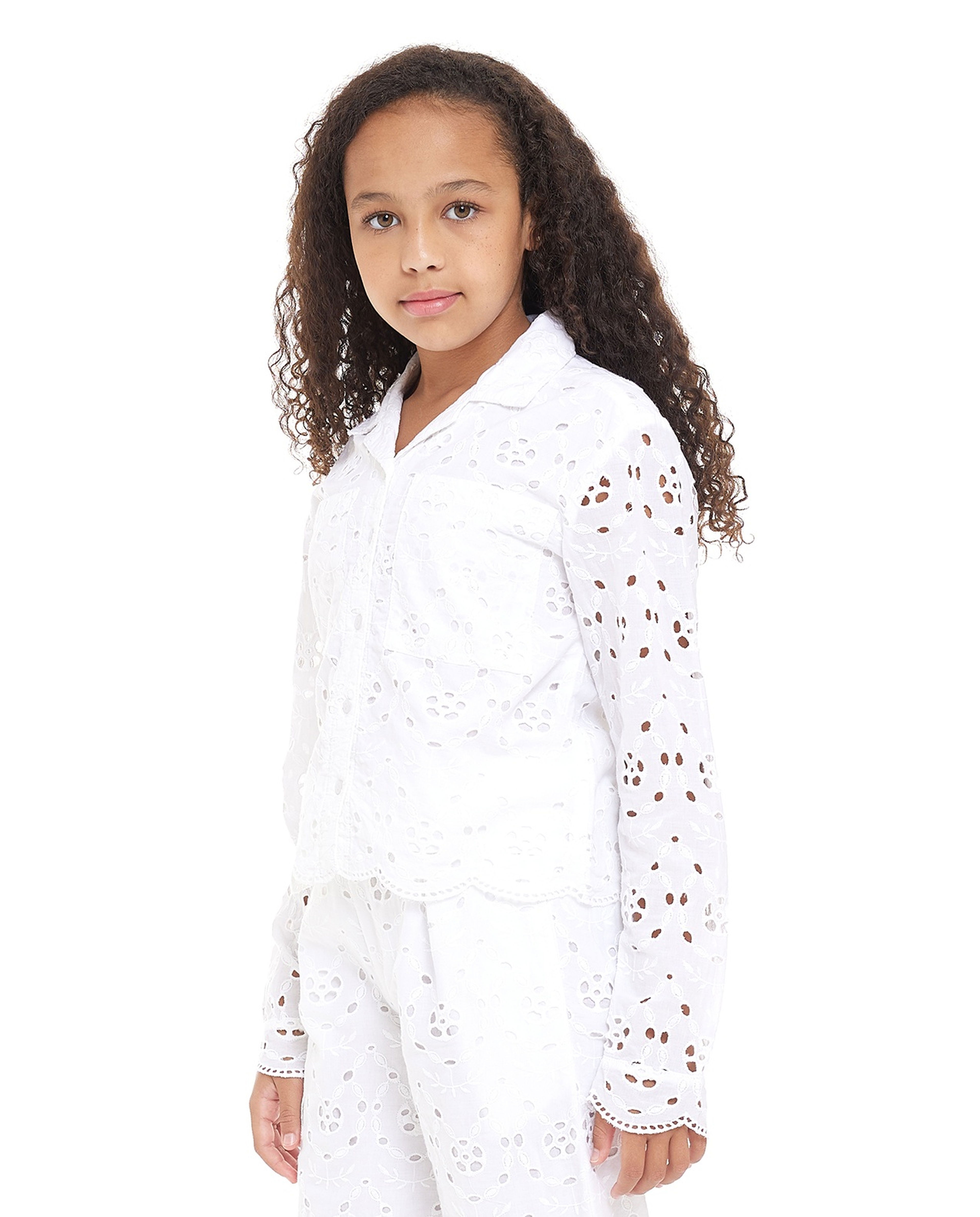Schiffli Shirt with Revere Collar and Long Sleeves