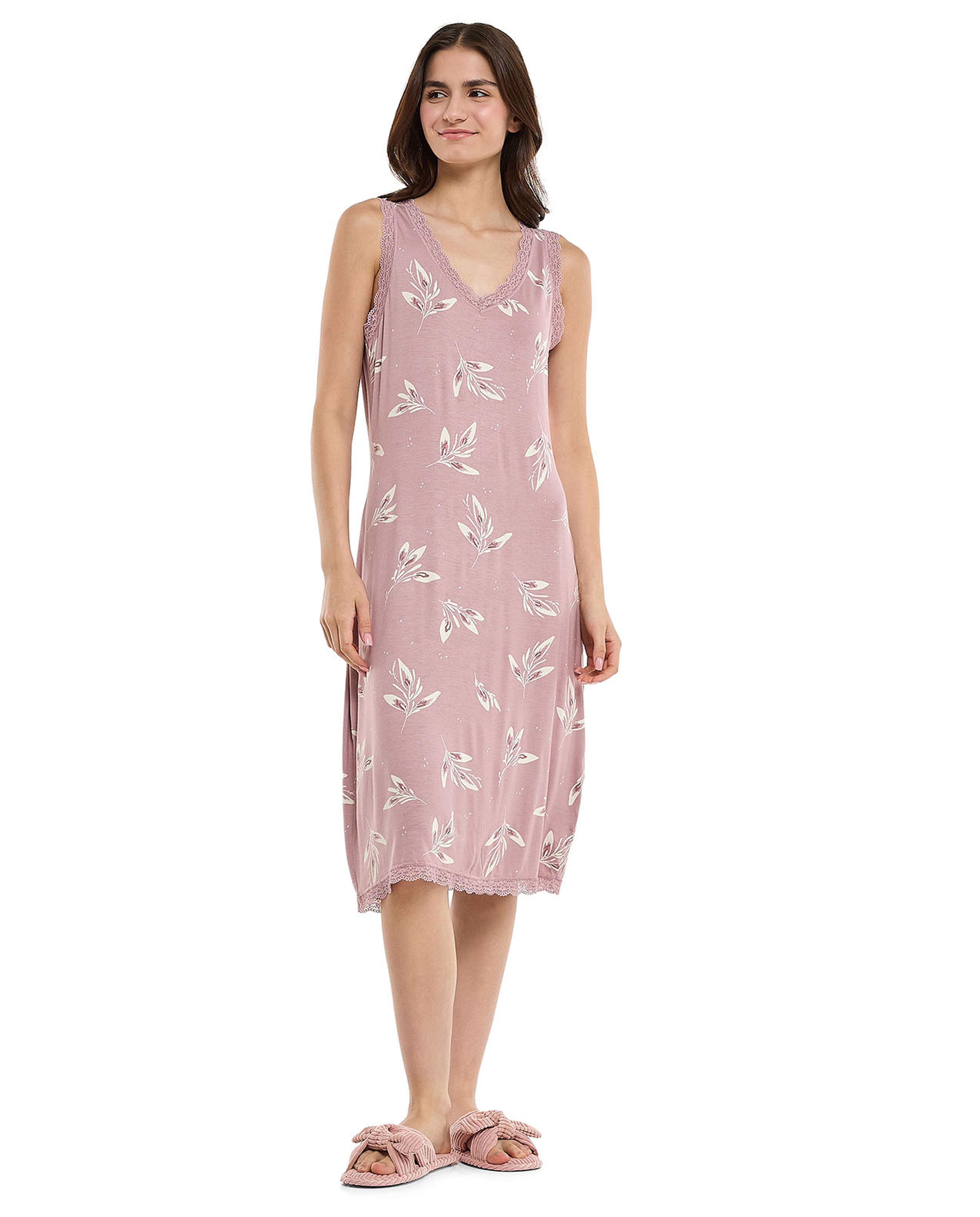 Patterned Sleeveless Nightdress with V-Neck