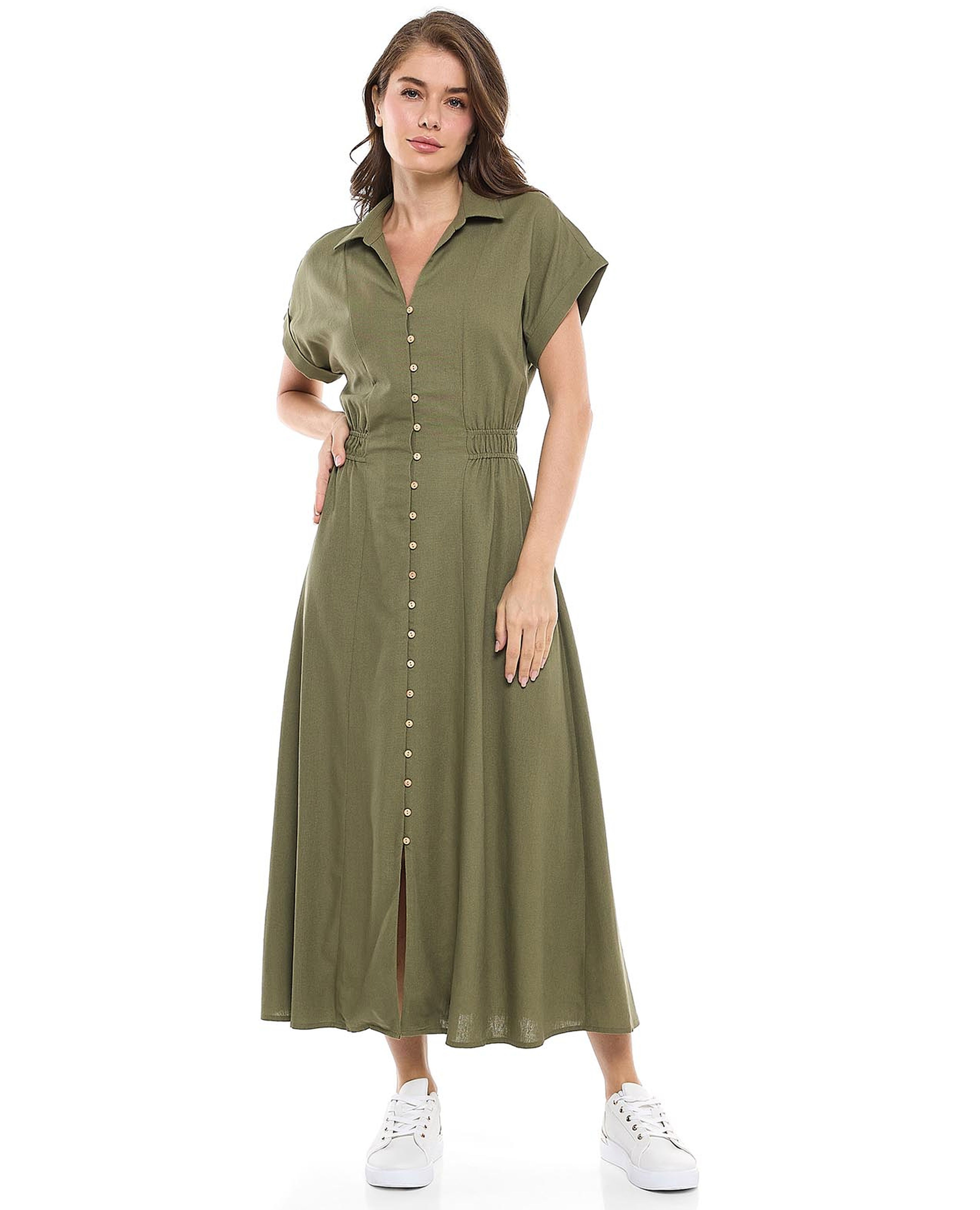 Ruched Side Shirt Dress with Classic Collar and Short Sleeves