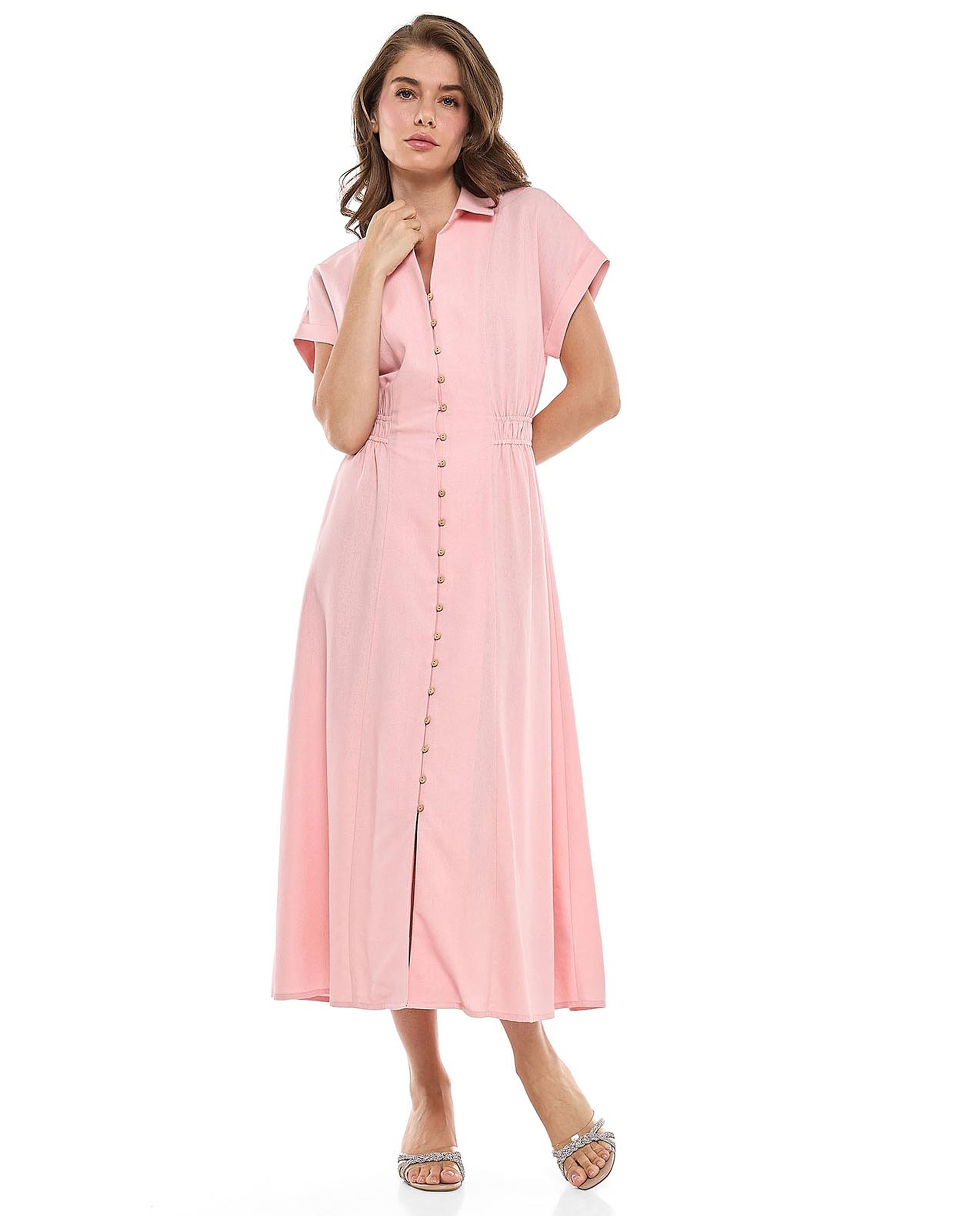 Ruched Side Shirt Dress with Classic Collar and Short Sleeves