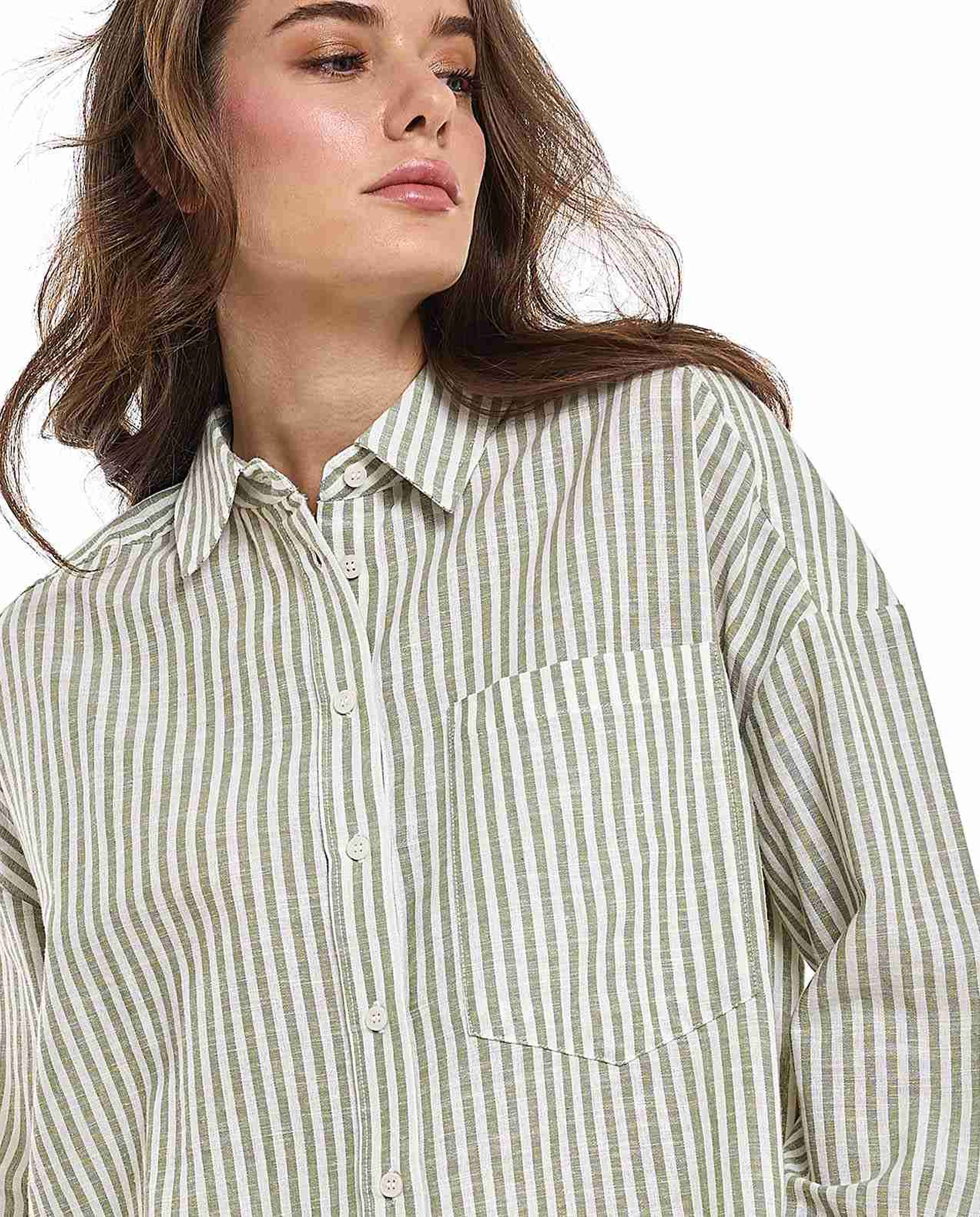 Striped Tunic Shirt with Classic Collar and Long Sleeves