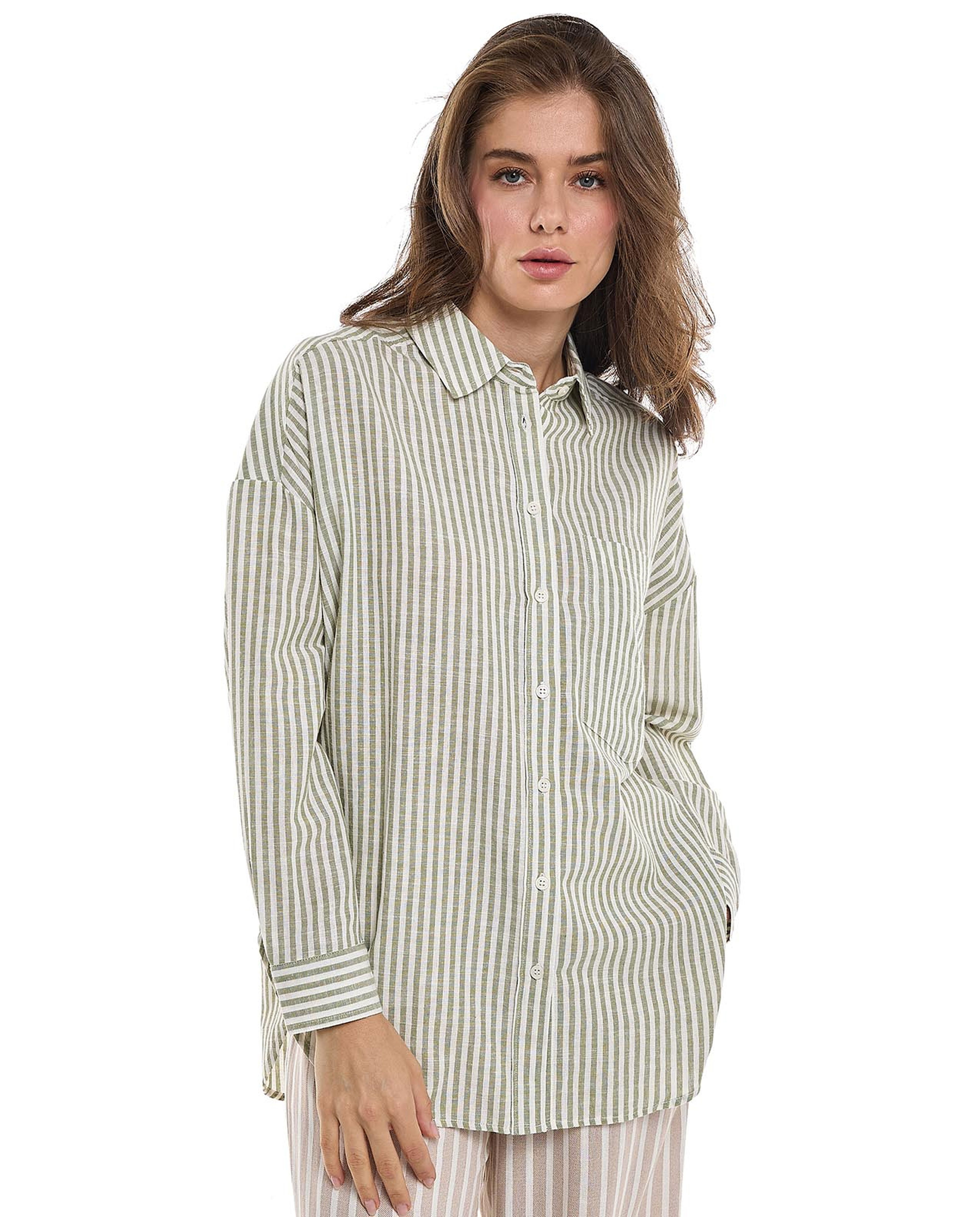 Striped Tunic Shirt with Classic Collar and Long Sleeves