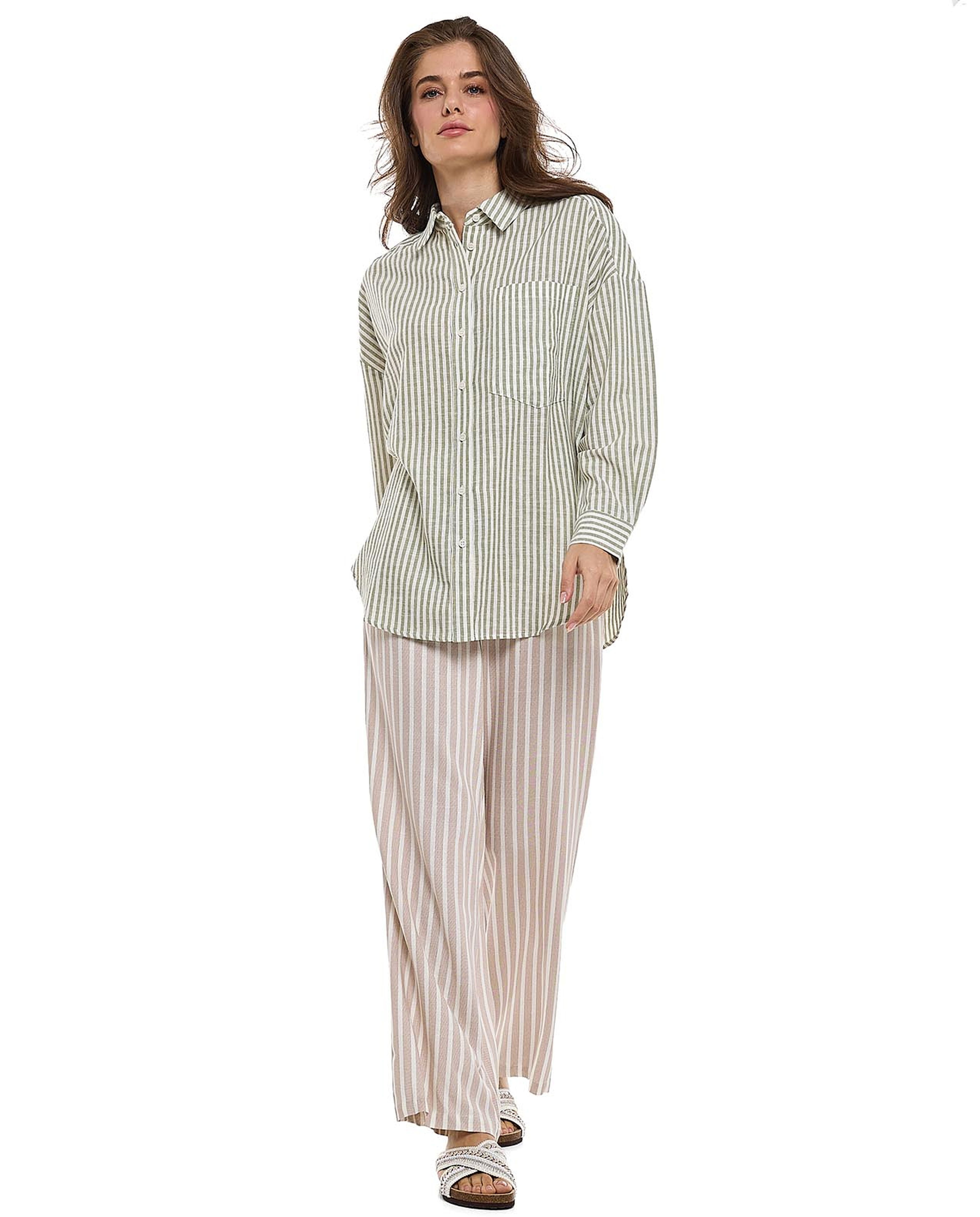 Striped Tunic Shirt with Classic Collar and Long Sleeves