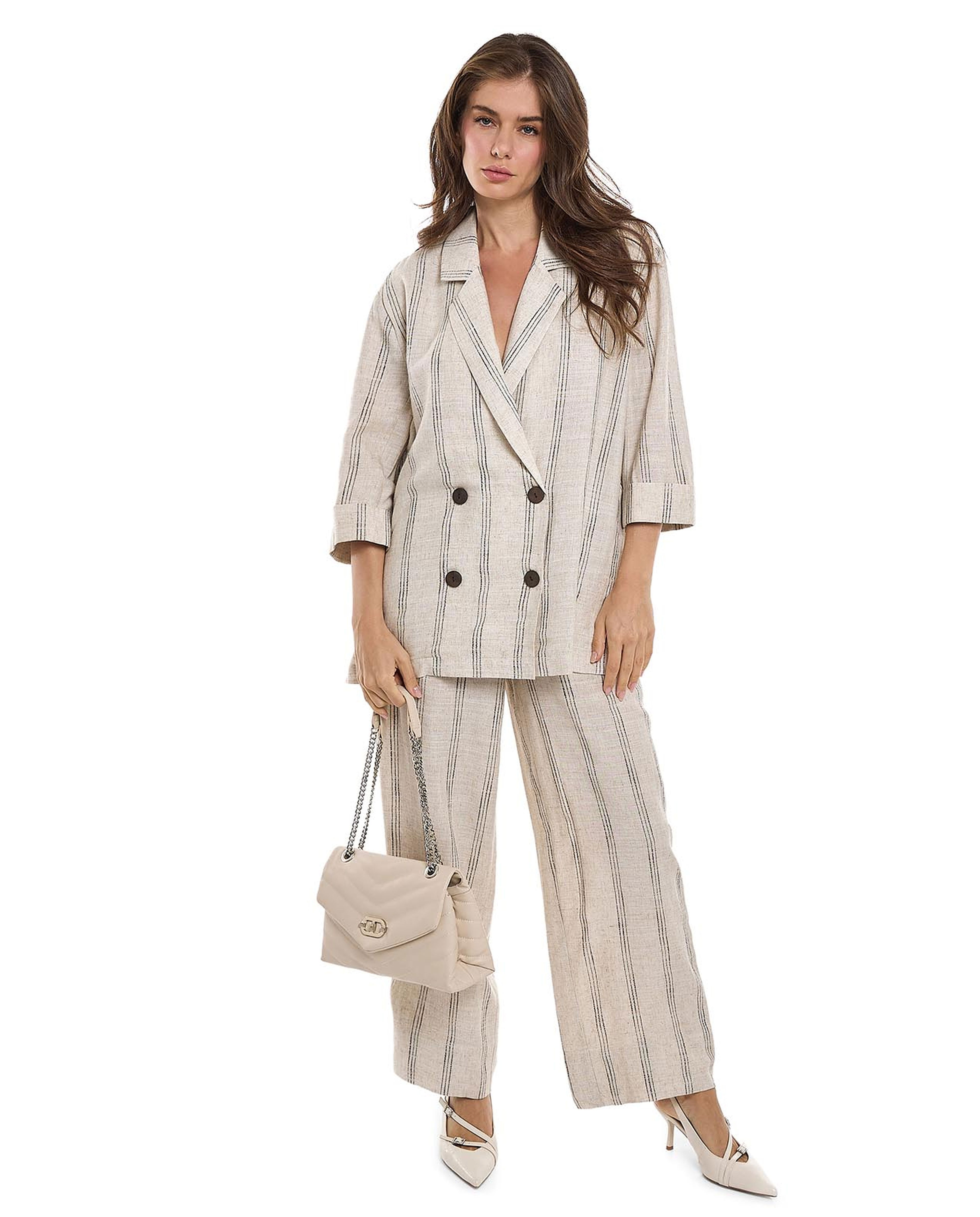 Striped Jacket with Lapel Collar and 3/4 Sleeves