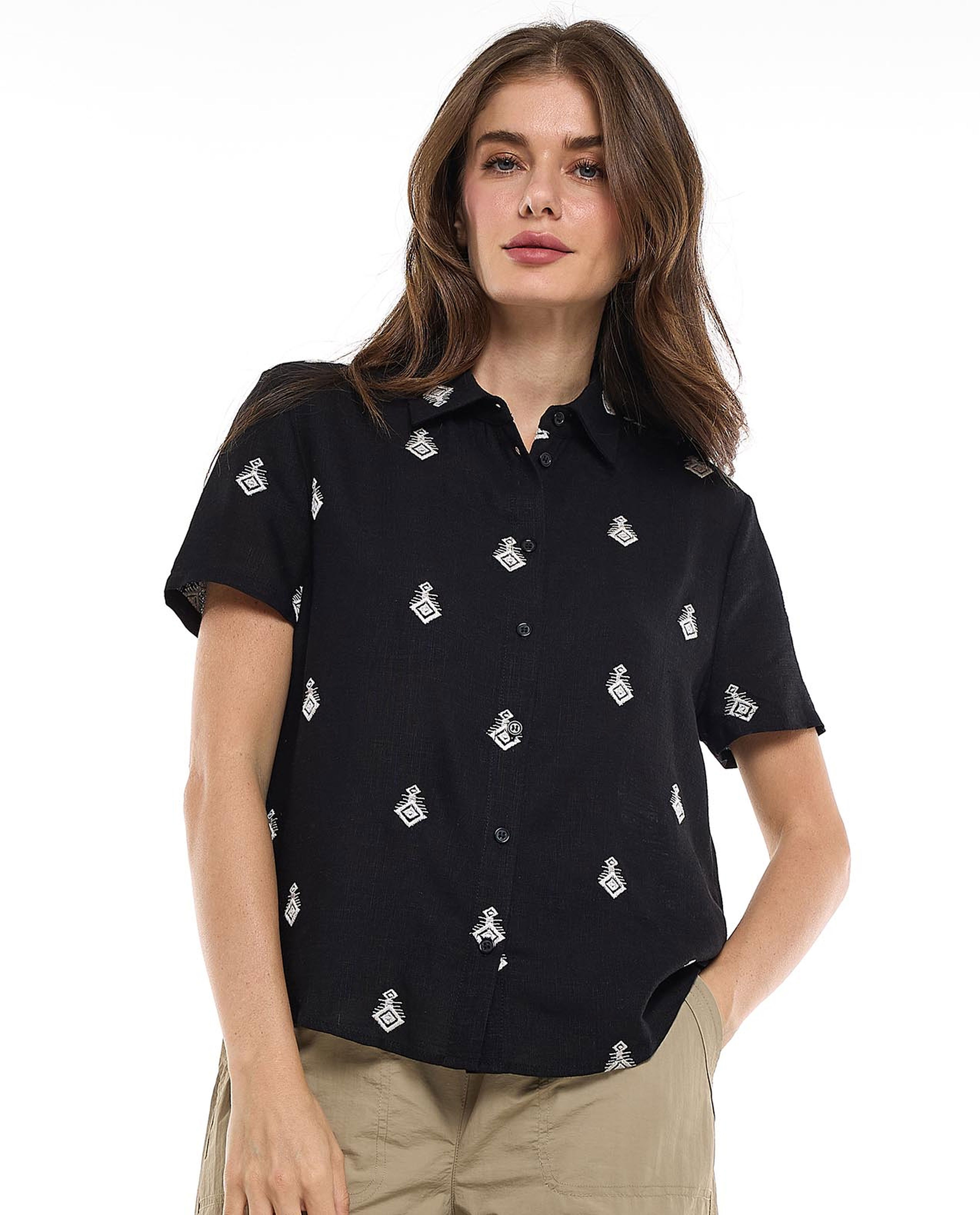 Embroidered Shirt with Classic Collar and Short Sleeves