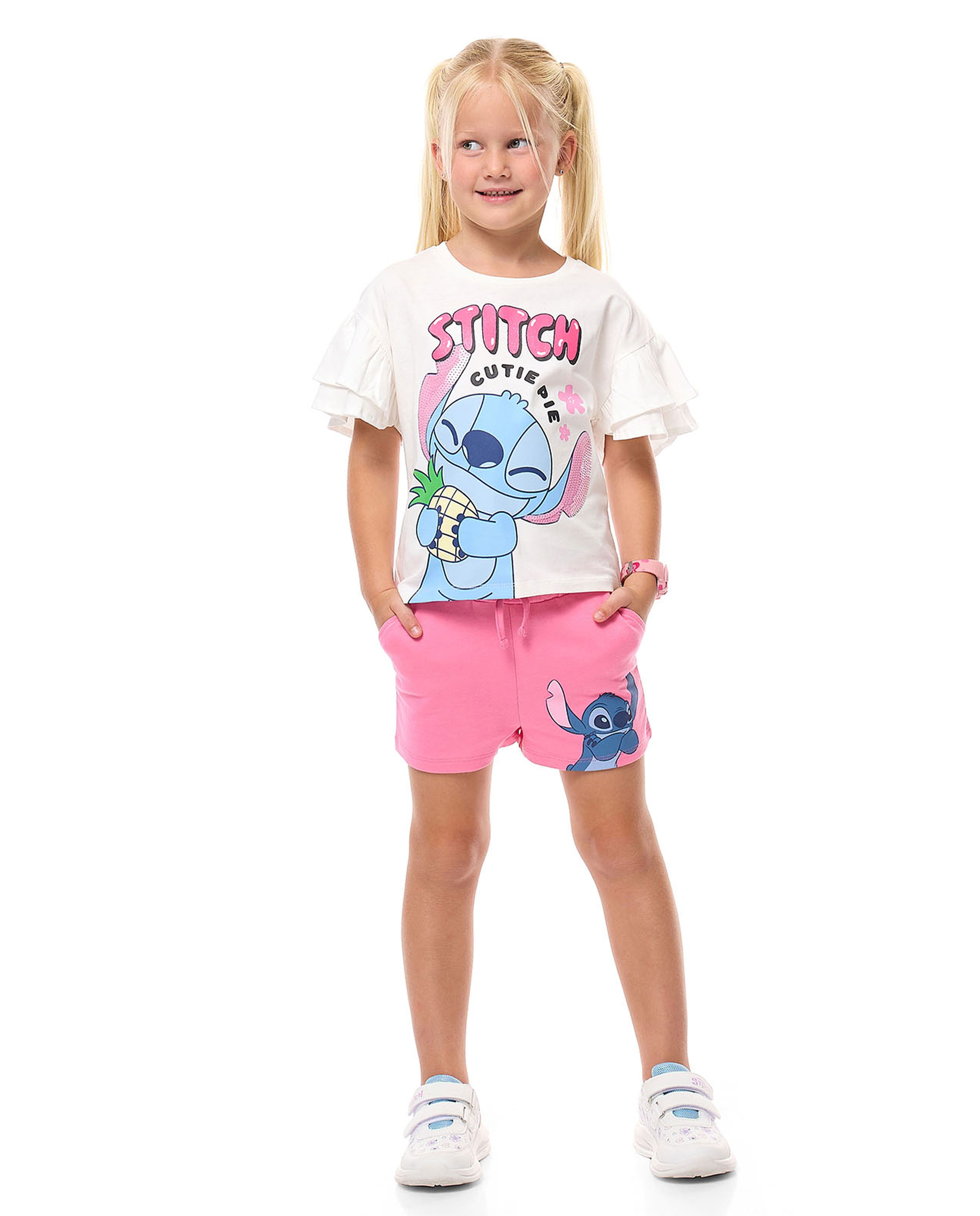 Stitch Printed Top with Crew Neck and Flutter Sleeves
