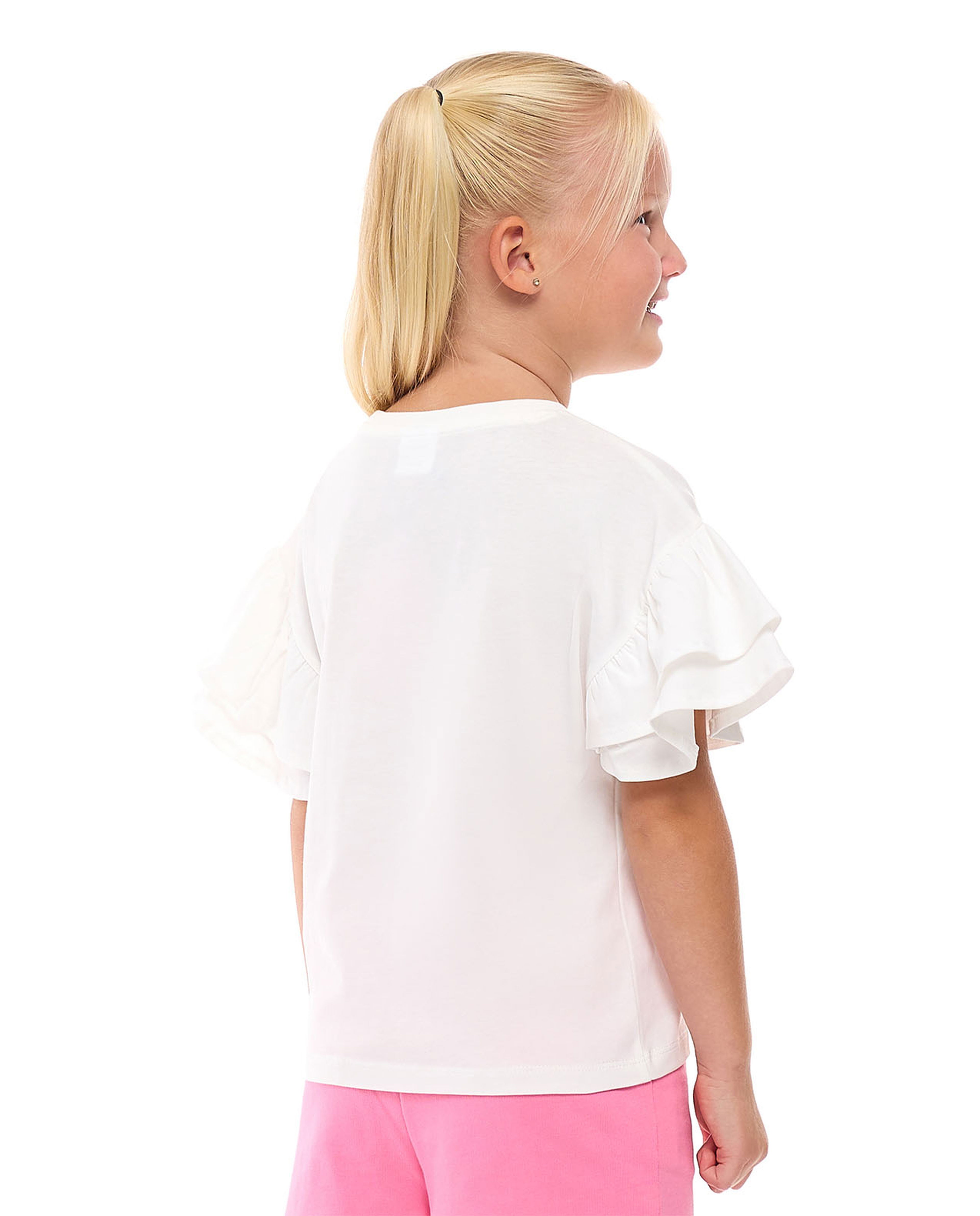 Stitch Printed Top with Crew Neck and Flutter Sleeves