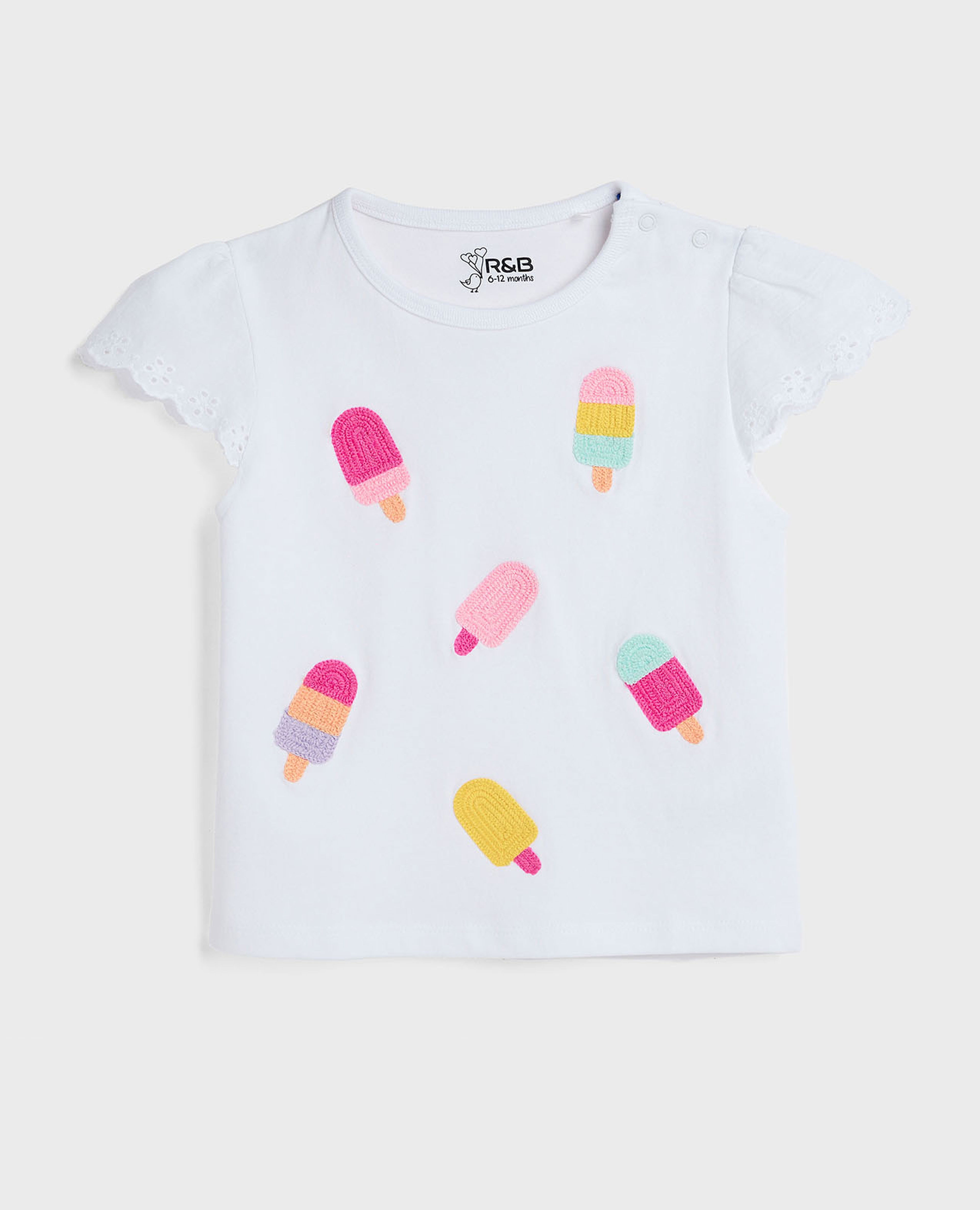 Embroidered T-Shirt with Crew Neck and Cap Sleeves