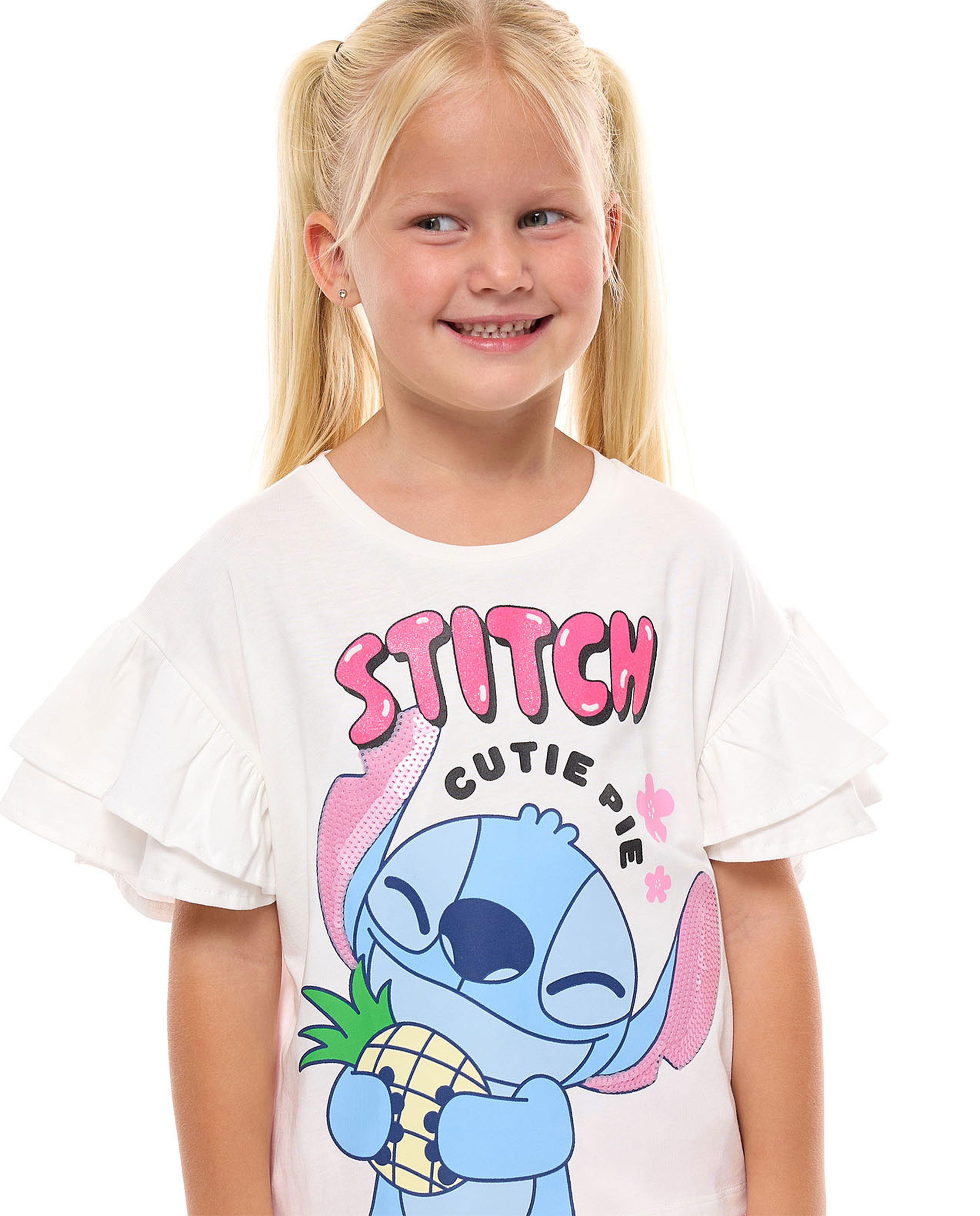 Stitch Printed Top with Crew Neck and Flutter Sleeves