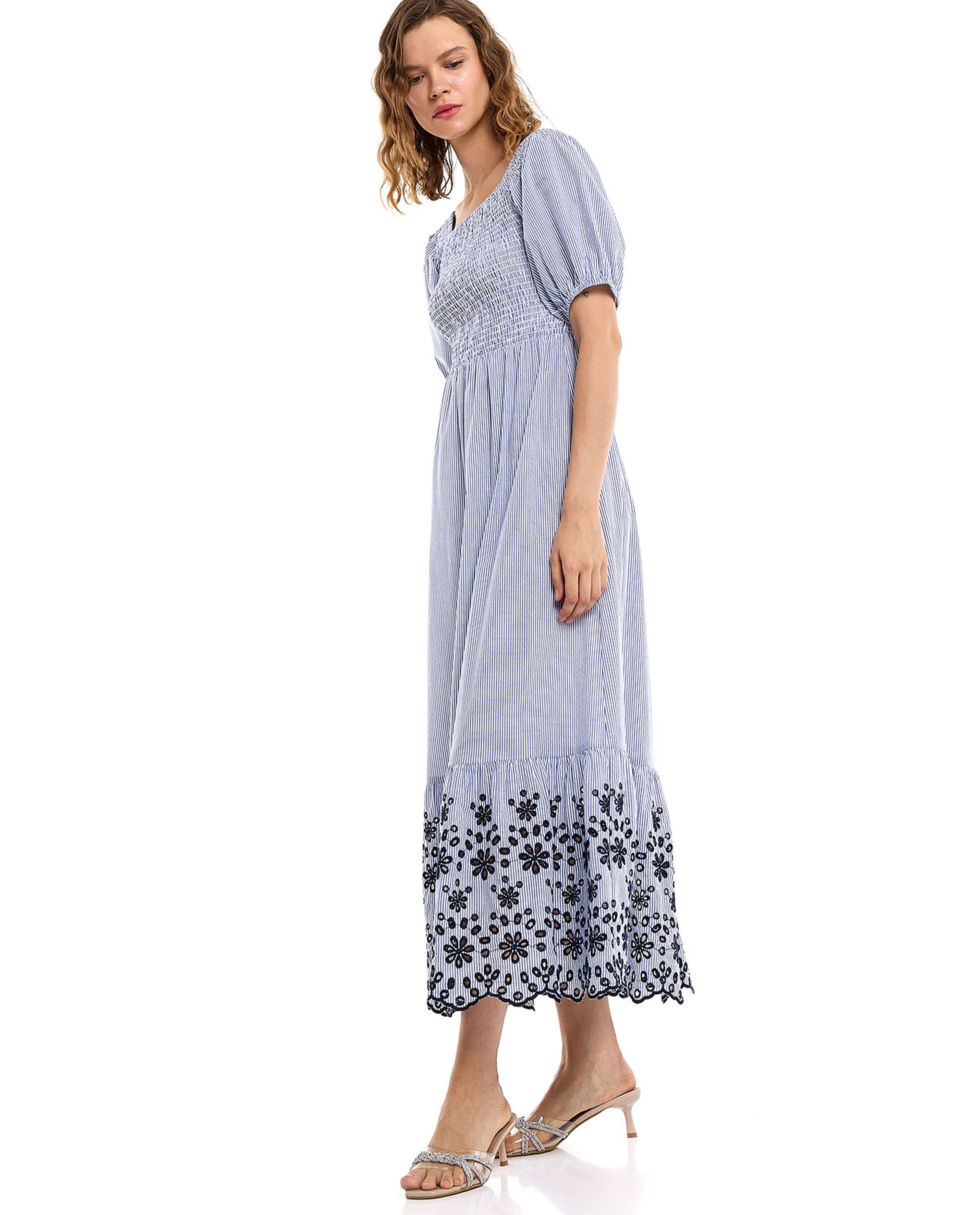 Striped Midi Dress with Round Neck and Puff Sleeves
