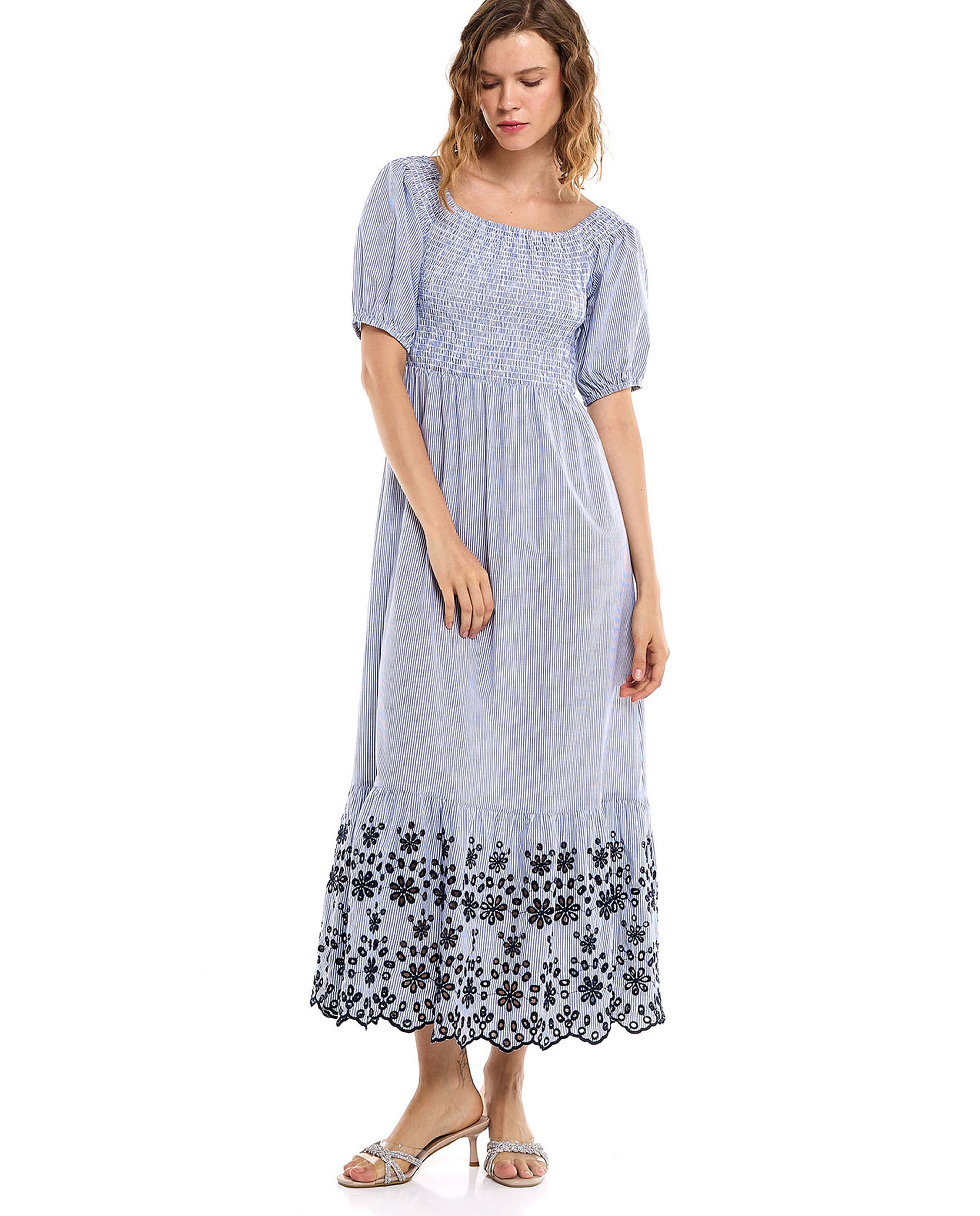 Striped Midi Dress with Round Neck and Puff Sleeves