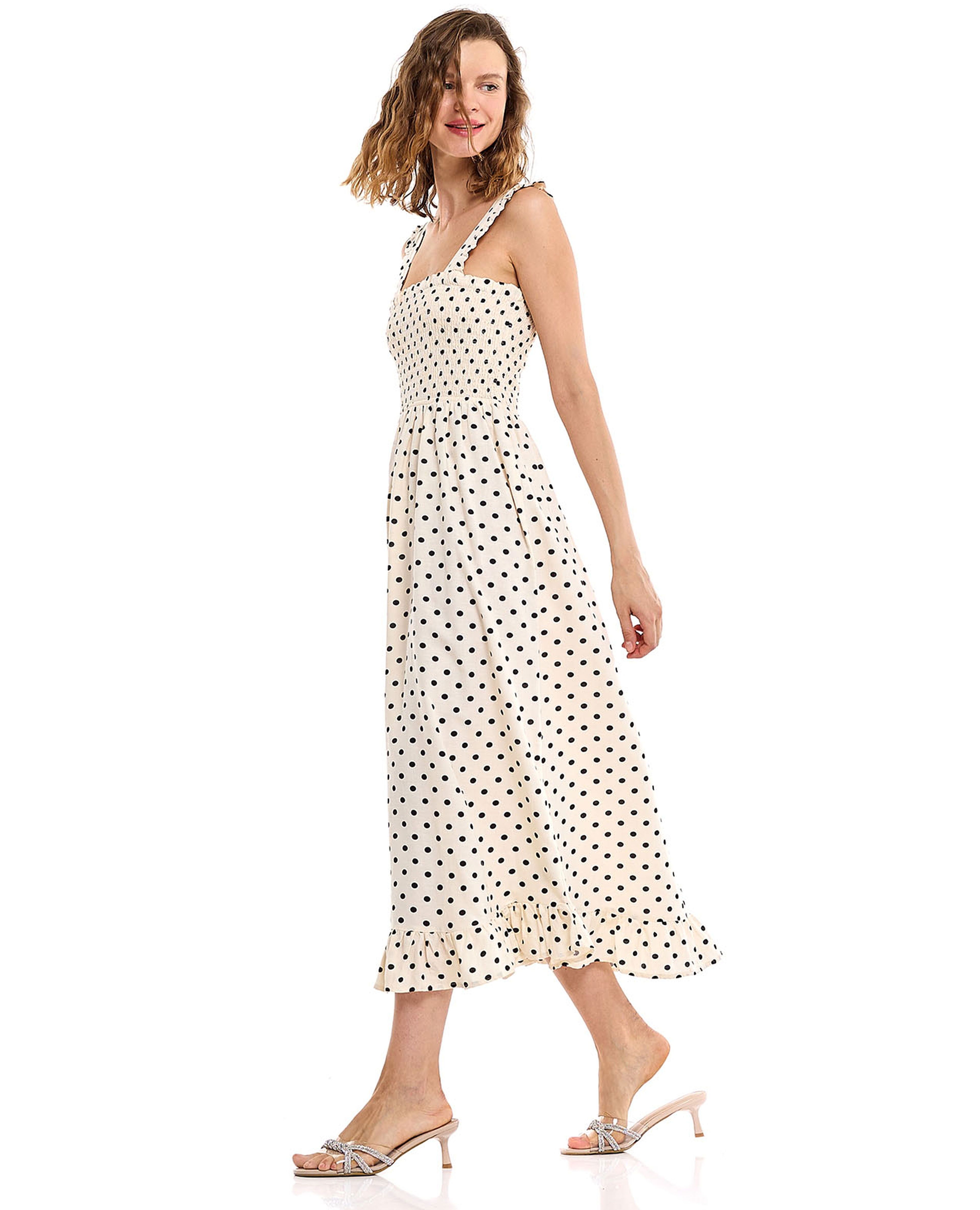 Polka Dots Strappy Midi Dress with Square Neck
