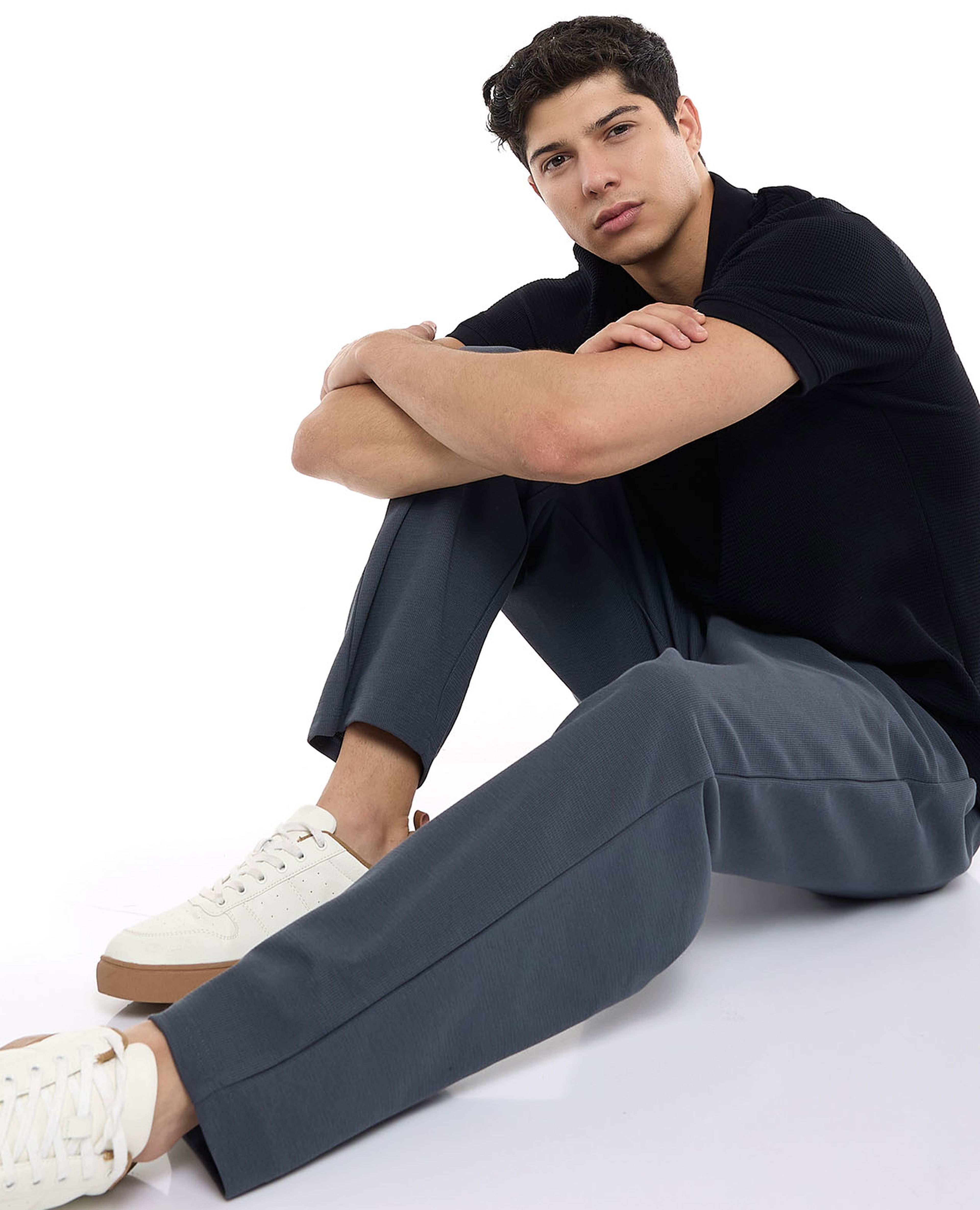 Textured Straight Fit Pants with Drawstring Waist