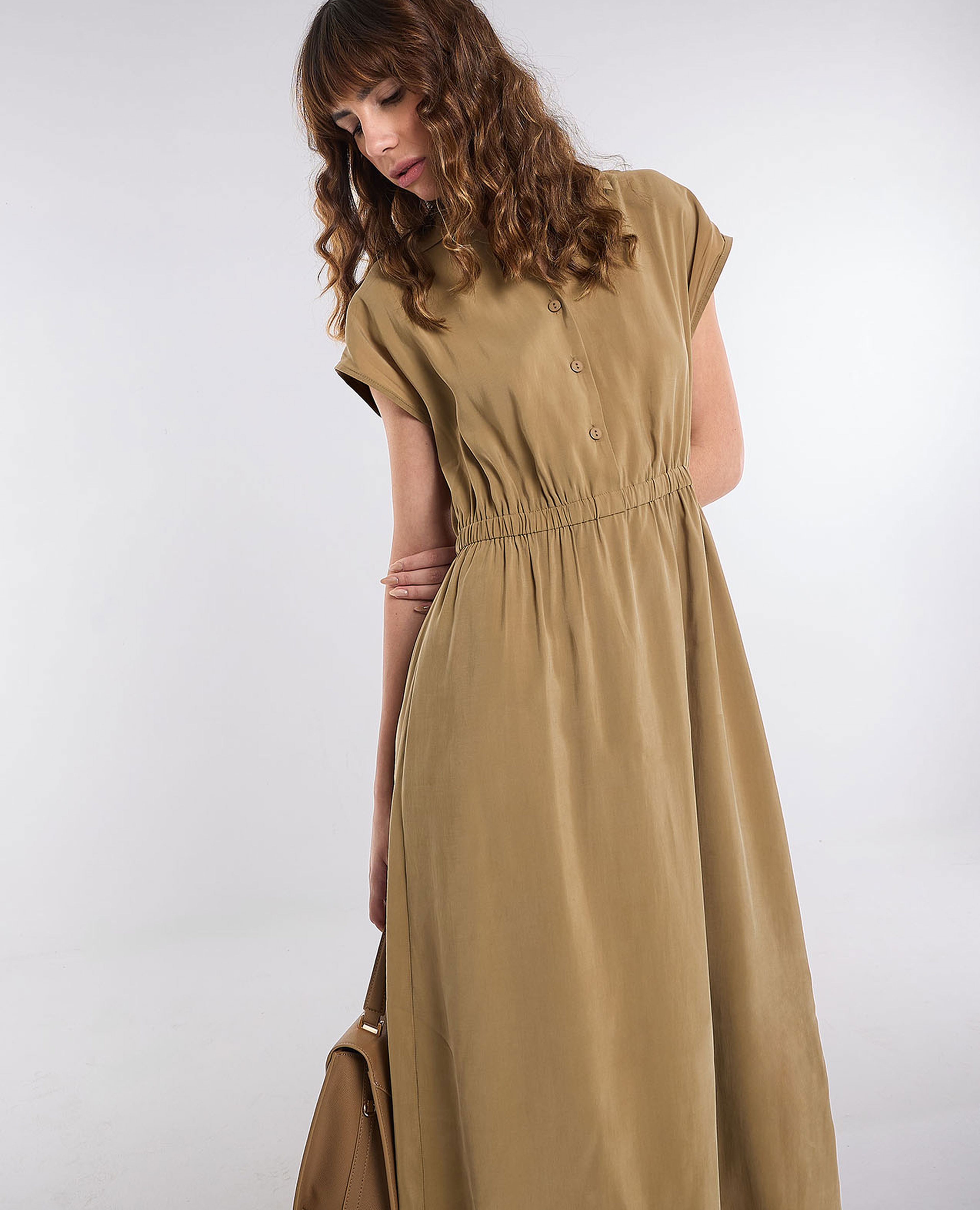 Ruched Waist Midi Dress with Classic Collar and Short Sleeves
